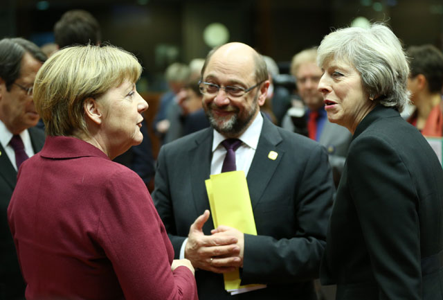 German Chancellor Angela Merkel (left), British Prime Minister Theresa May (centre) and President of the European Parliament Martin Schulz attend the European Union Leaders Summit in Brussels, Belgium, on Thursday (Anodolu Agency photo)