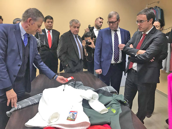 EU Ambassador to Jordan Andrea Matteo Fontana and ambassadors of EU member states check on the products of a company in Sahab on Wednesday (Photo courtesy of EU delegation to Jordan)