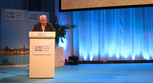 Prime Minister Abdullah Ensour delivers an address at the opening session of the 2015 World Water Week in Stockholm on Monday (Petra photo)