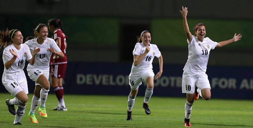 Sarah Abu-Sabbah of Jordan starts to celebrate as she scores her team's first goal during the FIFA U-17 Women's World Cup Jordan 2016 Group A match against Mexico at Al Hassan International Stadium, Irbid, on Monday (Photo courtesy of FIFA)