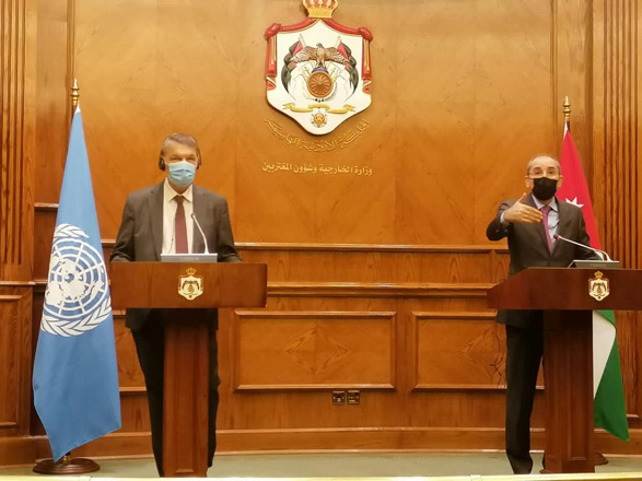 Deputy Prime Minister and Foreign Minister Ayman Safadi, along with UNRWA Commissioner General Philippe Lazzarini, speaks during a press conference in Amman on Saturday (Photo courtesy of the Foreign Ministry)