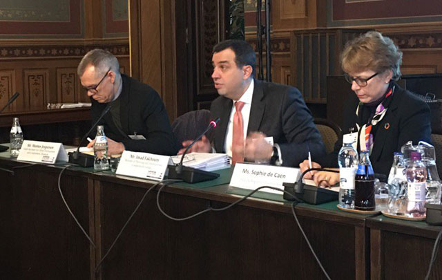 Planning and International Cooperation Minister Imad Fakhoury attends an international conference on the humanitarian dimension of the Syrian crisis in Helsinki in this photo released Wednesday (Photo courtesy of Ministry of Planning and International Cooperation)
