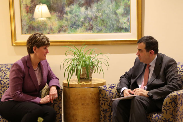 Minister of Planning and International Cooperation Imad Fakhoury holds talks with Canada’s Minister for International Cooperation and la Francophonie Marie-Claude Bibeau in Amman on Sunday (Photo courtesy of Ministry of Planning and International Cooperation)