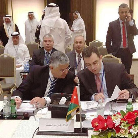 Minister of Planning and International Cooperation Imad Fakhoury (right) and Minister of Finance Omar Malhas attend the Joint Annual Meeting of the Arab Financial Institutions in Bahrain on Wednesday  (Photo courtesy of Planning Ministry)