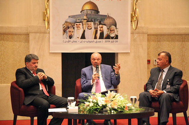 Senate President Faisal Fayez (centre) speaks during the launching cermony of the Aoun Code (Petra photo)