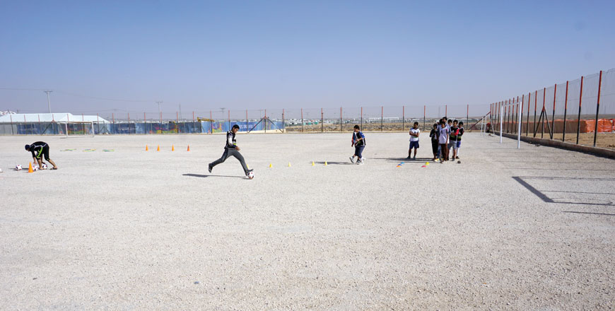 Syrian refugees at the Zaatari camp train on football skills during a visit by representatives of the Viva Rio NGO from Brazil recently (Photo courtesy of Hashem Sabbagh)
