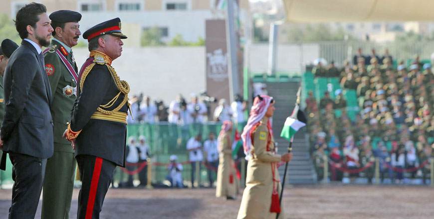 His Majesty King Abdullah attends the ‘Flag Parade’ organised by Jordan Armed Forces-Arab Army at Al Rayah parade ground in the Royal Hashemite Court to celebrate the Great Arab Revolt centennial on Thursday  (Photo courtesy of Royal Court)