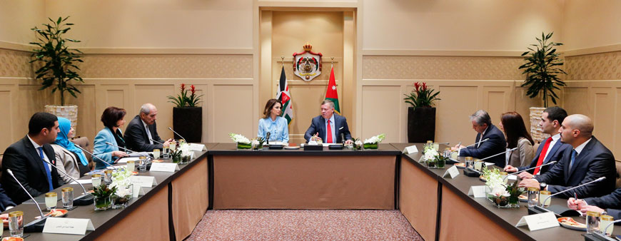 Their Majesties King Abdullah and Queen Rania meet with tech entrepreneurs in Amman on Sunday (Photo courtesy of Royal Court)