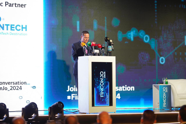 Central Bank of Jordan (CBJ) Governor Adel Sharkas speaks during the Financial Technologies and Cyber Security Exhibition and Conference (FinConJo2024), which began on Monday and was organised by SOFEX Jordan