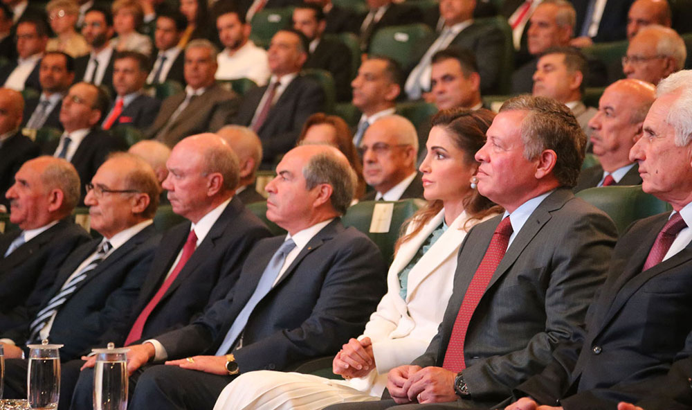 Their Majesties King Abdullah and Queen Rania attend the launch of the National Strategy for Human Resources Development in Amman on Monday (Photo courtesy of Royal Court)