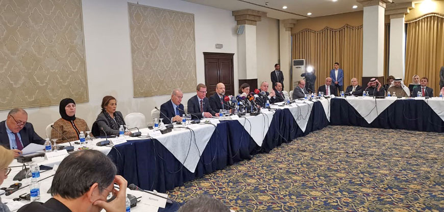 Prime Minister Omar Razzaz chairs the 11th meeting to launch the 2019 JRP for the Syria Crisis at Al Hussein Youth City on Wednesday (Petra photo)