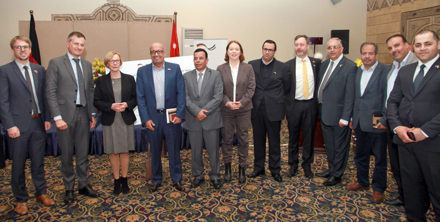 Minister of Water and Irrigation Raed Abul Saud and the German Ambassador to Jordan Birgitta Siefker-Eberle attend a celebration ceremony on Tuesday to mark 60 years of Jordanian-German cooperation (Petra photo)