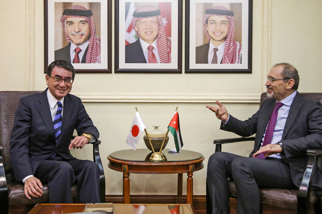Minister of Foreign Affairs and Expatriates Ayman Safadi (right) and his Japanese counterpart Taro Kono hold the first meeting of Jordan-Japan strategic dialogue in Amman on Friday (AFP photo)