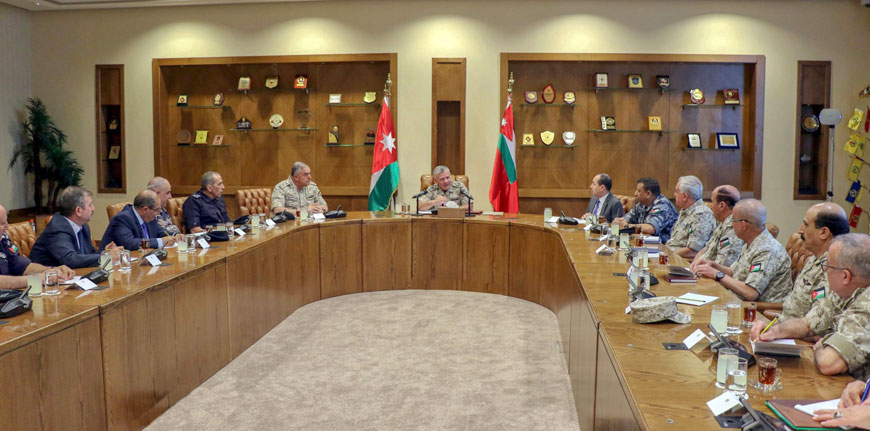 His Majesty King Abdullah speaks during a meeting at JAF General Command, attended by Chairman of the Joint Chiefs of Staff Lt. Gen. Mahmoud Freihat, heads of security agencies, and a number of senior army and security officers, on Tuesday (Photo courtesy of Royal Court)