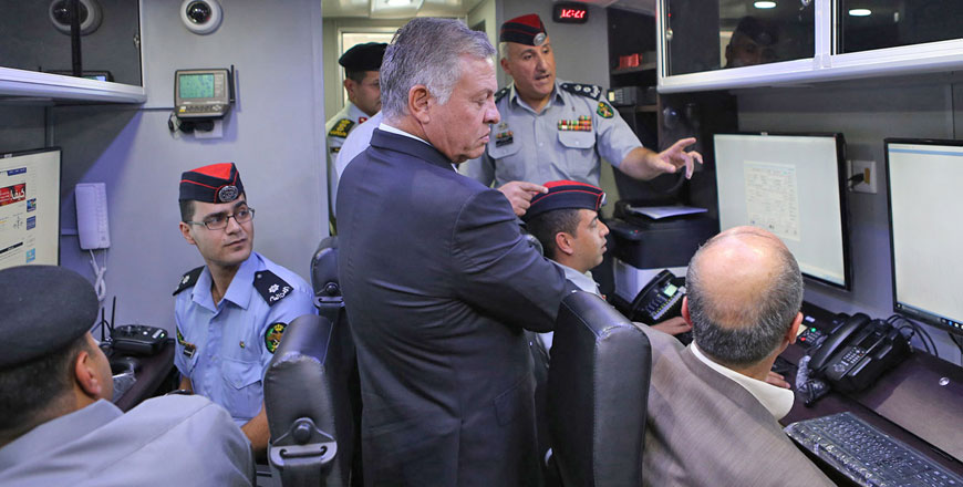 His Majesty King Abdullah tours the Civil Defence Department on Monday (Photo courtesy of Royal Court)