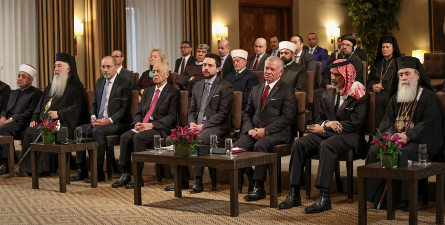 His Majesty King Abdullah receives Christian and Muslim religious figures from Jerusalem and Jordan at Al Husseiniya Palace, and announces a personal donation to support the establishment of the Baptism Site Orthodox International University, and fund gilding the crowns and wooden ornaments in the Dome of the Rock  (Photo courtesy of Royal Court)