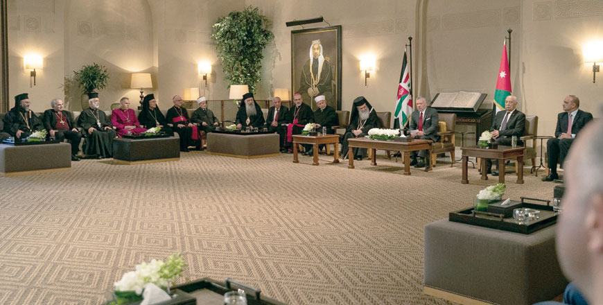 His Majesty King Abdullah on Monday receives church leaders in Jordan and Jerusalem, as well as leading Jordanian Christian figures and representatives of Islamic and awqaf institutions on the occasion of the holiday season (Photo courtesy of Royal Court)