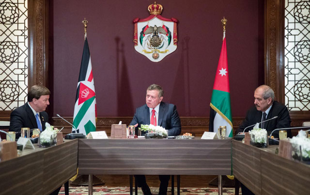 His Majesty King Abdullah speaks to a US Congress delegation in Amman on Wednesday (Photo courtesy of Royal Court)