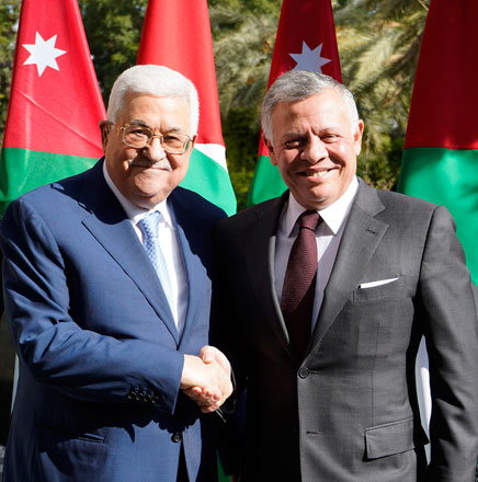 His Majesty King Abdullah meets with Palestinian President Mahmoud Abbas at Basman Palace on Tuesday (Photo courtesy of Royal Court)