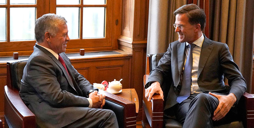 His Majesty King Abdullah meets with Dutch Prime Minister Mark Rutte on the sidelines of the Aqaba Meetings, on Monday, in the Hague, The Netherlands (Photo courtesy of Royal Court)