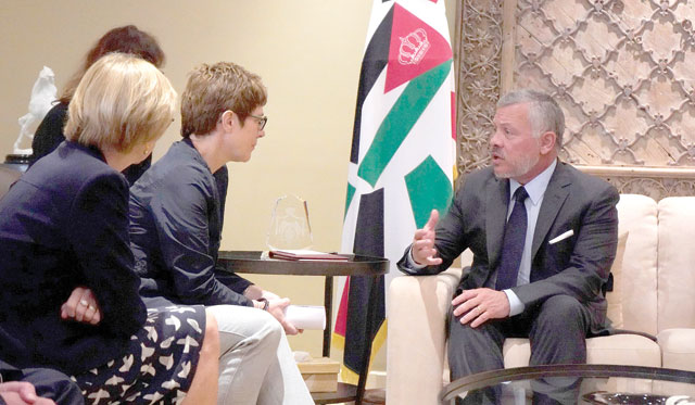 His Majesty King Abdullah meets with German Federal Minister of Defence Annegret Kramp-Karrenbauer and an accompanying delegation in Amman on Monday (Photo courtesy of Royal Court)