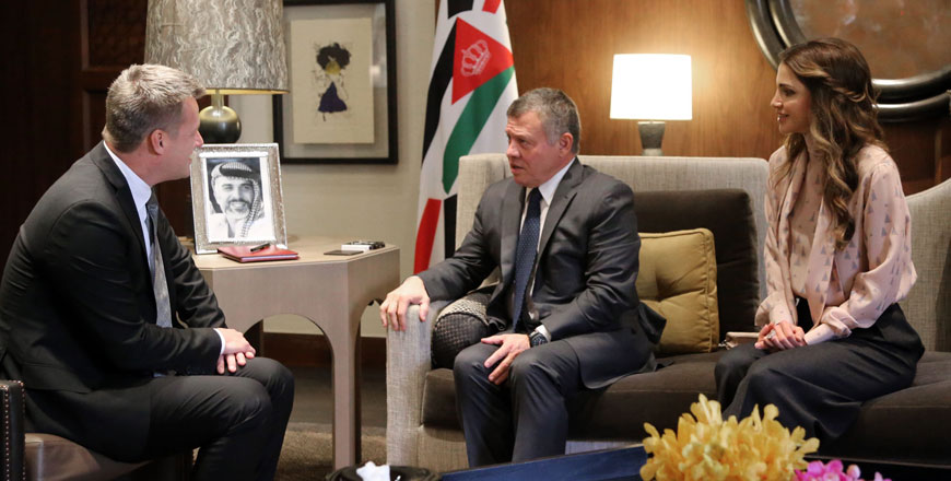 Their Majesties King Abdullah and Queen Rania meet with Range and Supply Manager at IKEA Group Jesper Brodin at Al Husseiniya Palace on Sunday (Photo courtesy of Royal Court)