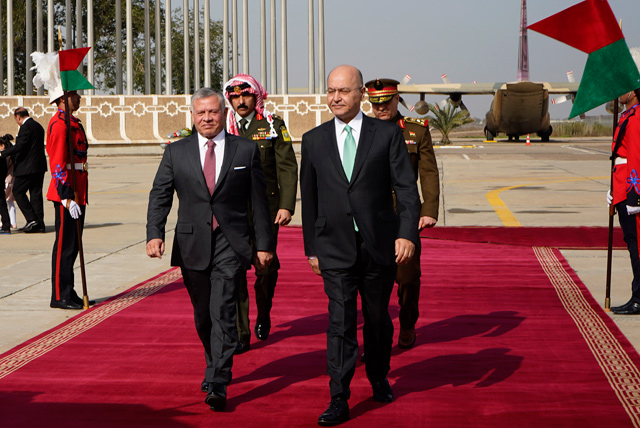His Majesty King Abdullah meets with Iraqi President Barham Saleh in Baghdad on Monday (Photo courtesy of Royal Court)