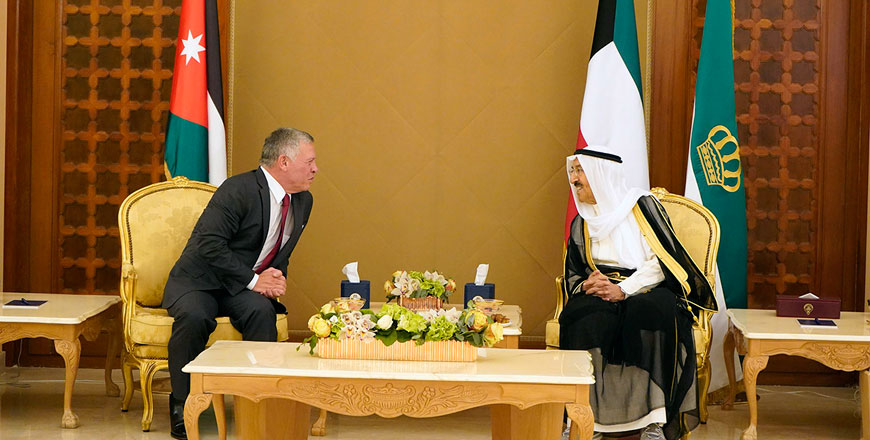 His Majesty King Abdullah holds talks with Kuwaiti Emir Sheikh Sabah Al Ahmad Al Jaber Al Sabah at Dasman Palace in Kuwait on Monday (Photo courtesy of Royal Court)