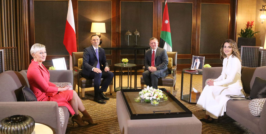 Their Majesties King Abdullah and Queen Rania meet with Polish President Andrzej Duda and First Lady Agata Kornhauser-Duda  in Amman on Sunday (Photo courtesy of Royal Court)