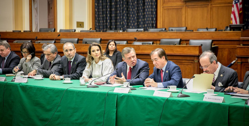Their Majesties King Abdullah and Queen Rania meet with leading US congressmen in Washington, DC, on Tuesday (Photo courtesy of Royal Court)