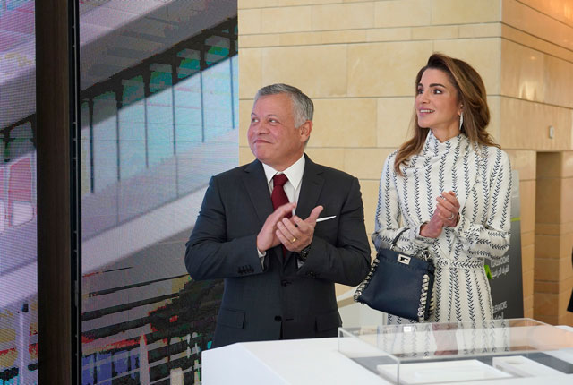 Their Majesties King Abdullah and Queen Rania during the inauguration of the new premises of the Queen Rania Teacher Academy at the University of Jordan on Sunday (Photo courtesy of Royal Court)