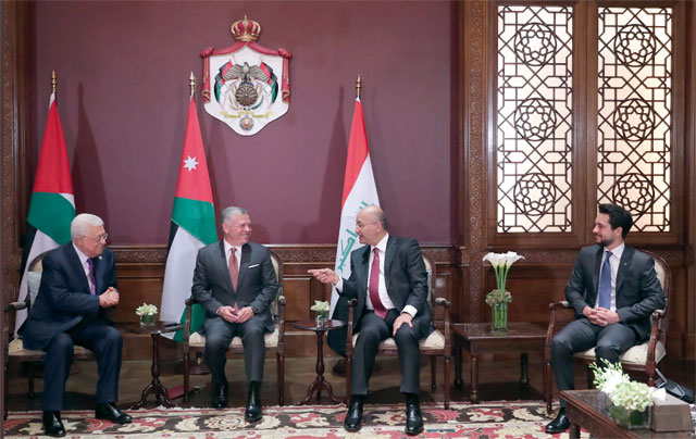His Majesty King Abdullah, accompanied by HRH Crown Prince Hussein, holds trilateral talks with Iraqi President Barham Saleh and Palestinian President Mahmoud Abbas in Amman on Thursday (Photo courtesy of Royal Court)