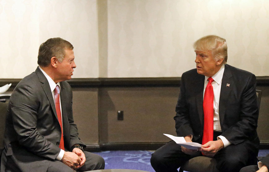 His Majesty King Abdullah holds talks with US President Donald Trump on the sidelines of the 2017 National Prayer Breakfast in Washington, DC, on Thursday (Photo courtesy of Royal Court)