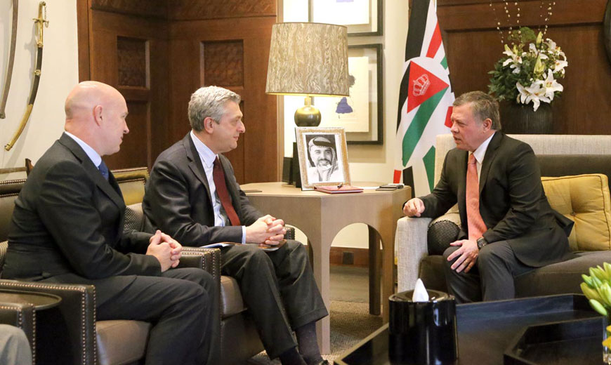 His Majesty King Abdullah meets with UN High Commissioner for Refugees Filippo Grandi in Amman on Monday (Photo courtesy of Royal Court)