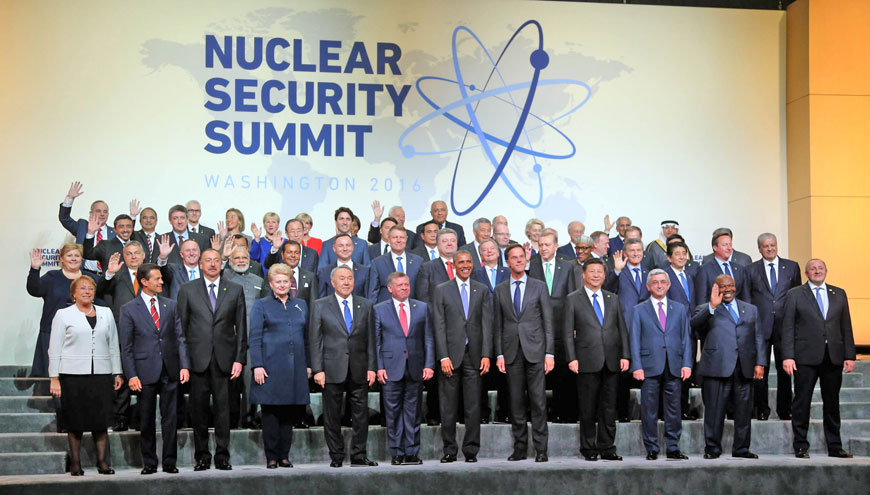 His Majesty King Abdullah poses for a group photo at the Nuclear Security Summit and is seen with HRH Crown Prince Hussein during their participation in the Friday event  (Photo courtesy of Royal Court)