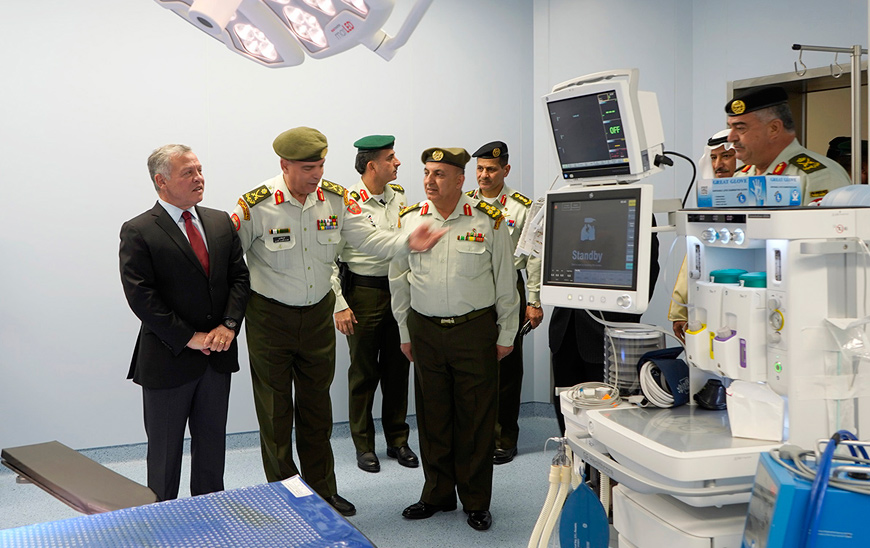 His Majesty King Abdullah tours Queen Alia Hospital on Monday during the inauguration of the military institution after four years of renovations (Photo courtesy of Royal Court)