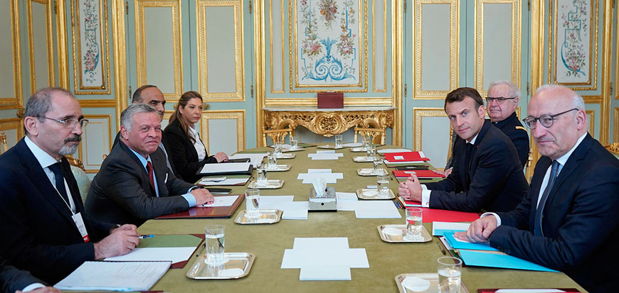 His Majesty King Abdullah meets with French President Emmanuel Macron in Paris on Wednesday (Photo courtesy of Royal Court)