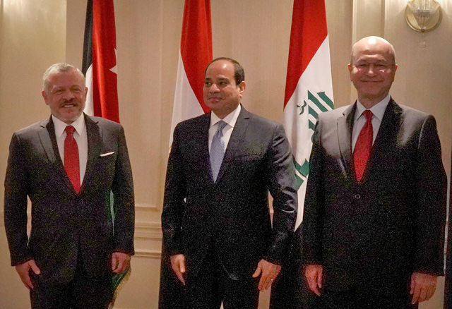 His Majesty King Abdullah, Egyptian President Abdel Fattah El Sisi and Iraqi President Barham Saleh hold a trilateral meeting in New York on Sunday (Photo courtesy of Royal Court)
