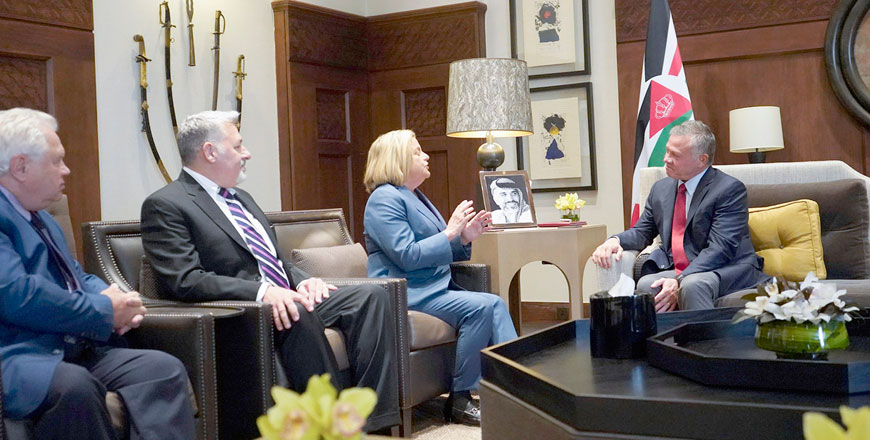 His Majesty King Abdullah on Sunday receives the US Representative Ileana Ros-Lehtinen, who chairs the minor committee for the Middle East and North Africa, and an accompanying delegation (Photo courtesy of Royal Court)