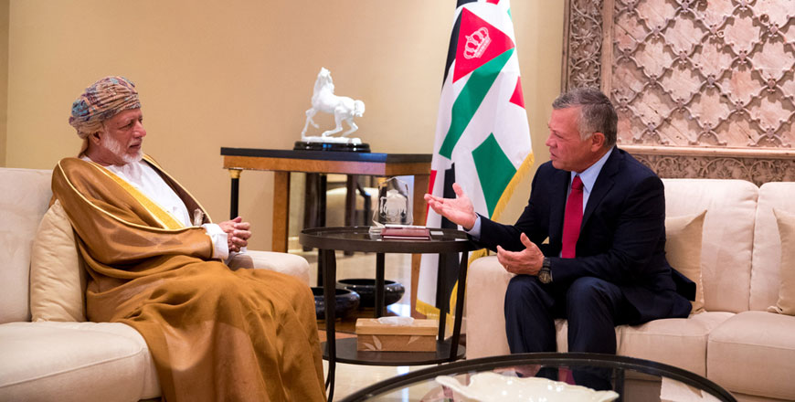 His Majesty King Abdullah meets with Omani Minister of State for Foreign Affairs Yousef Bin Alawi, who delivered a letter from Sultan Qaboos of Oman, on Tuesday (Photo courtesy of Royal Court)