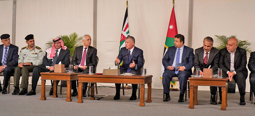 His Majesty King Abdullah meets with dignitaries and representatives of Palestinian refugee camps in the Kingdom at the Royal Court on Wednesday (Photo courtesy of Royal Court)