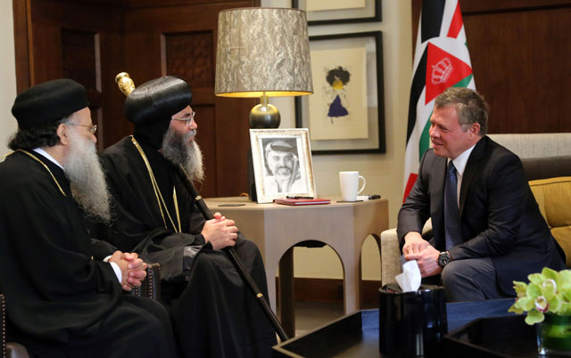 His Majesty King Abdullah holds talks with Anba Antonious, the Coptic Orthodox metropolitan archbishop of Jerusalem, the Near East and Jordan, at Al Husseiniya Palace on Sunday (Photo courtesy of Royal Court)