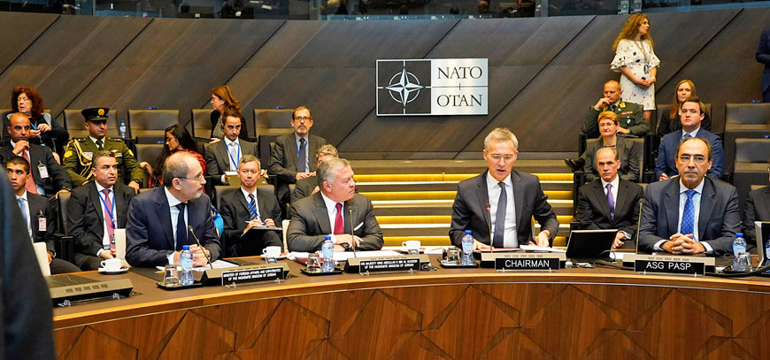 His Majesty King Abdullah holds talks with NATO Secretary General Jens Stoltenberg and members of the NATO council in Brussels on Wednesday (Photo courtesy of Royal Court)