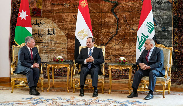 His Majesty King Abdullah holds a trilateral meeting with Egyptian President Abdel Fattah El Sisi and Iraqi Prime Minister Adel Abdul Mahdi in Cairo on Sunday (Photo courtesy of Royal Court)