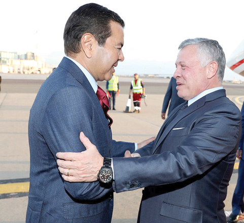 His Majesty King Abdullah is received by Prince Moulay Rachid of Morocco upon his arrival to Casablanca on Wednesday (Photo courtesy of Royal Court)