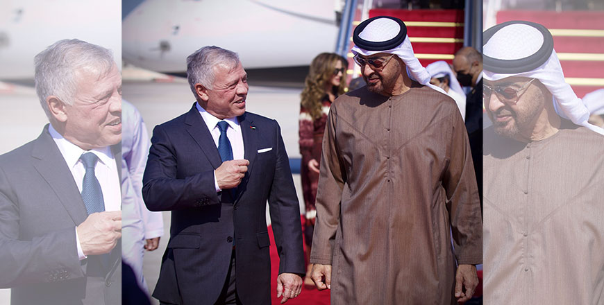 His Majesty King Abdullah is received at Al Bateen Executive Airport by Sheikh Mohamed bin Zayed Al Nahyan in Abu Dhabi on Tuesday (Photo courtesy of Royal Court)