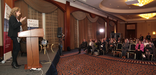 Jordanian National Commission for Women Secretary General Salma Nims speaks at a ceremony in Amman on Monday to launch the MANARA Award for Gender Equality (Photo courtesy of MANARA Award for Gender Equality)