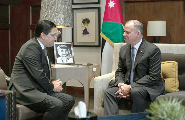 HRH Prince Feisal, the Regent, meets with Moroccan Minister of Foreign Affairs and International Cooperation Nasser Bourita at Al Husseiniya Palace on Saturday (Petra photo)