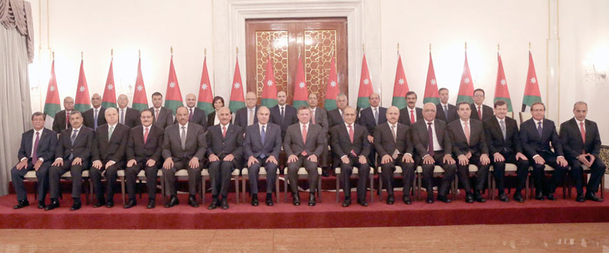 His Majesty King Abdullah with members of Prime Minister Hani Mulki’s new Cabinet on Wednesday (Photo courtesy of Royal Court)