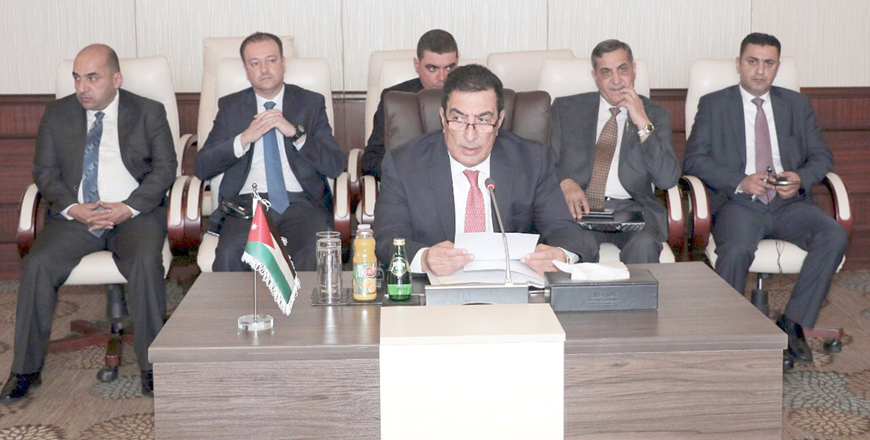 Lower House Speaker Atef Tarawneh speaks during a Jordan-Greece-Cyprus parliamentary summit at the Dead Sea on Monday (Petra photo)